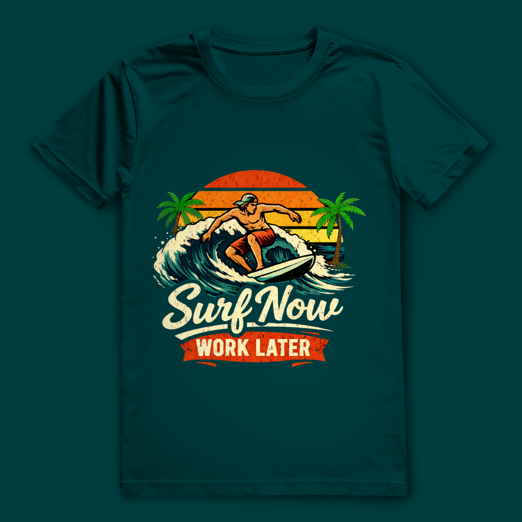 Surf Now Work Later T-Shirt – nachhaltiges Surfshirt aus Bio-Baumwolle