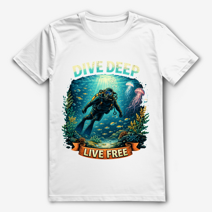 Dive Deep Live Free T-Shirt – nachhaltiges Taucher-Shirt aus Bio-Baumwolle