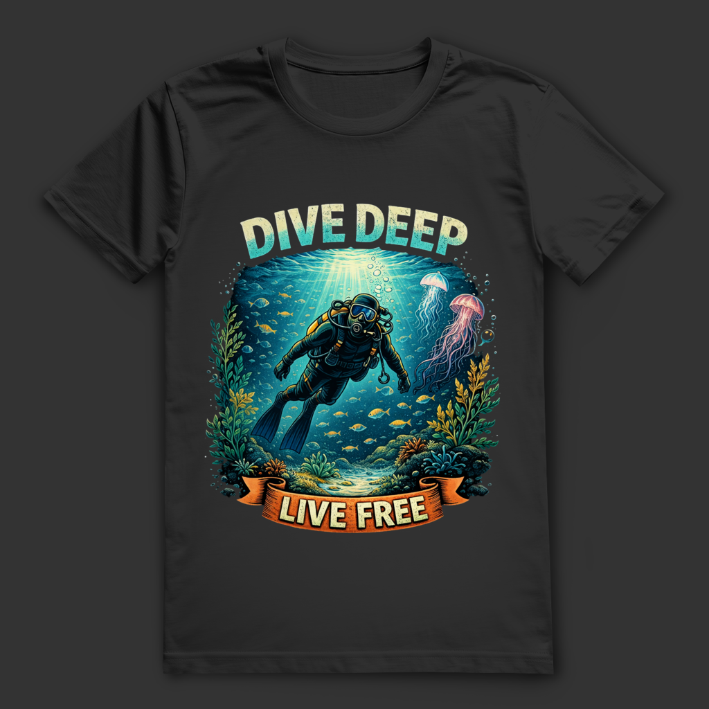 Dive Deep Live Free T-Shirt – nachhaltiges Taucher-Shirt aus Bio-Baumwolle