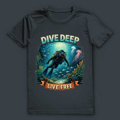 Dive Deep Live Free T-Shirt – nachhaltiges Taucher-Shirt aus Bio-Baumwolle