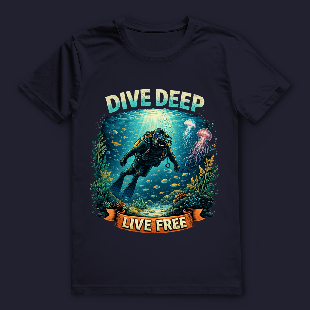 Dive Deep Live Free T-Shirt – nachhaltiges Taucher-Shirt aus Bio-Baumwolle