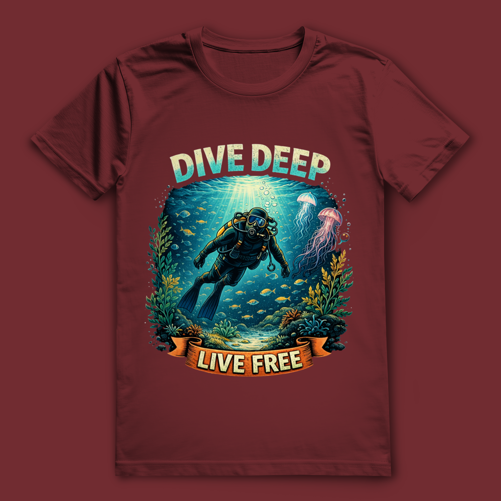 Dive Deep Live Free T-Shirt – nachhaltiges Taucher-Shirt aus Bio-Baumwolle