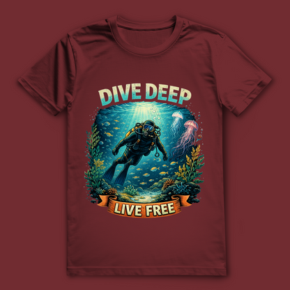 Dive Deep Live Free T-Shirt – nachhaltiges Taucher-Shirt aus Bio-Baumwolle
