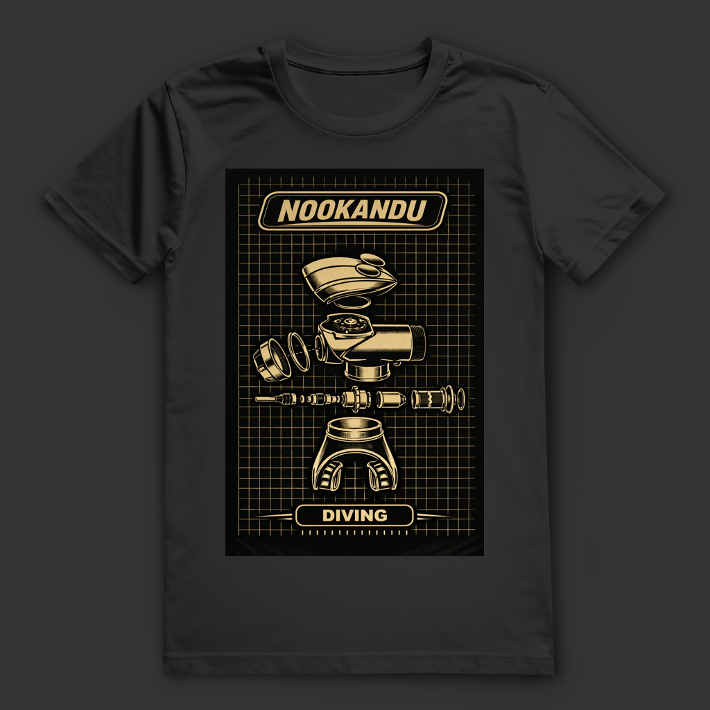 Nookandu Diving T-Shirt – nachhaltiges Taucher Shirt mit Atemregler Blueprint Design