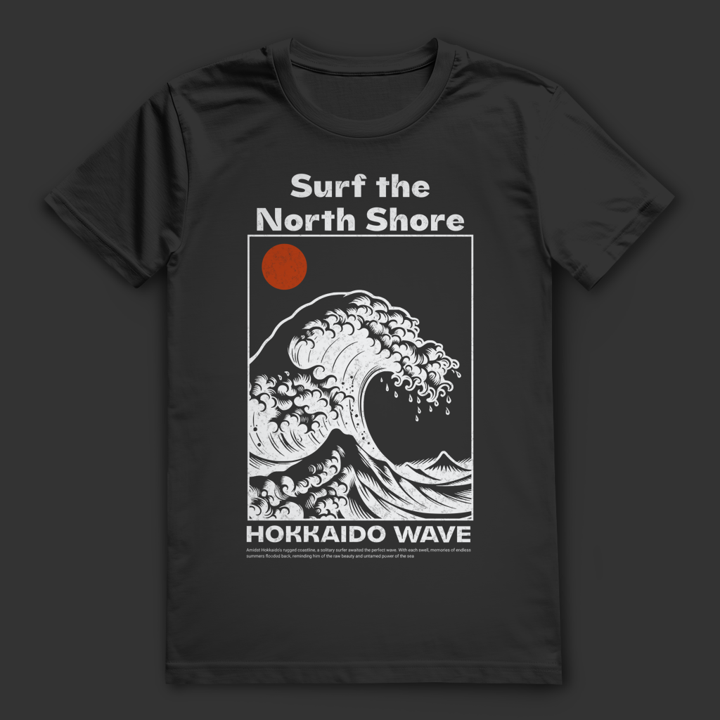 Surf T-Shirt | Hokkaido Wave Shirt für Surfer & Meerliebhaber | Wellenmotiv Shirt im Retro Stil | Geschenk für Wasserfans