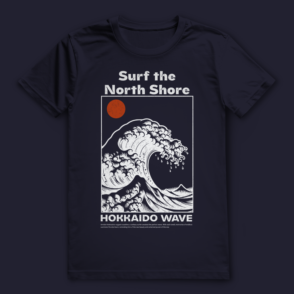 Surf T-Shirt | Hokkaido Wave Shirt für Surfer & Meerliebhaber | Wellenmotiv Shirt im Retro Stil | Geschenk für Wasserfans