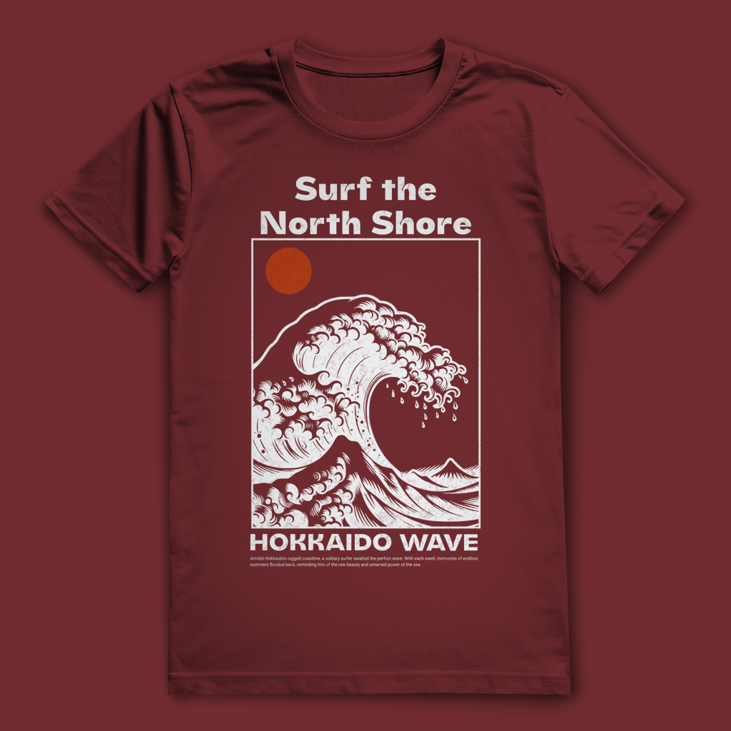 Surf T-Shirt | Hokkaido Wave Shirt für Surfer & Meerliebhaber | Wellenmotiv Shirt im Retro Stil | Geschenk für Wasserfans